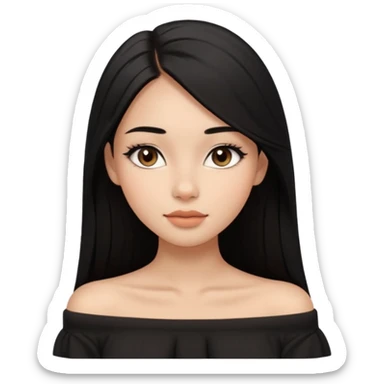 A realistic 3D avatar of a young woman with a soft oval face, slim cheeks, natural almond eyes, long straight black hair, minimal makeup, wearing a black off-shoulder top, elegant and aesthetic, brown skintone, add nosepin at left side.  sticker