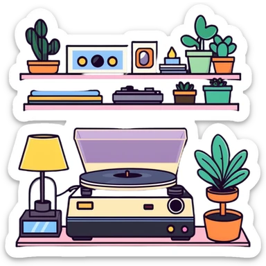 small bedroom with indie aesthetic, record player, art prints, potted plants, fairy lights, colorful pillows, vintage items sticker