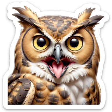 Cinematic Cute Yawning Great Horned Owl Portrait Emoji, Head tilted slightly with a dramatic, wide-open yawn, showcasing a soft, downy mottled plumage with gently drooping feathers, round golden eyes barely open in drowsy contentment, Simplified yet irresistibly adorable features, highly detailed, glowing with a soft, cozy glow, high shine, relaxed yet expressive, stylized with a touch of nocturnal whimsy, bright and endearing, soft glowing outline, capturing the essence of a sleepy yet affectionate owl, so drowsy it feels like it could glide out of the screen and curl up for a nap! sticker