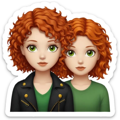 chica de pelo rizado corto rojizo con los ojos verdosos estilo roquera junto a chica de pelo naranja ondulado de ojos castaños linda sticker