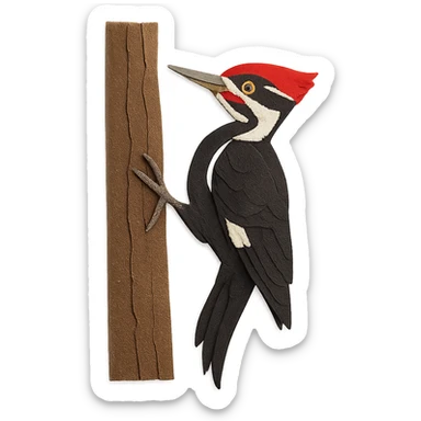Pileated Woodpecker on a tree, layered paper details, striking red crest, black and white plumage, expressive eye, naturalistic pose sticker