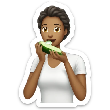 Woman eating cucumber with white slime sticker