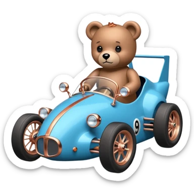 dar crystal blue and rosegold-accented  retro racing car driven by a small evil scary teddy bear with rear spoiler, safety cage, and wheely bar sticker
