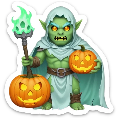 male orc warrior ghost emoji, green skin, tusks, wearing torn white ghost sheet costume, holding glowing jack-o'-lantern, faint blue aura, friendly but spooky expression, Halloween fantasy theme, Apple emoji style, clean white background, square sticker