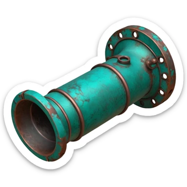 3D render of Garden Pipe, heavily oxidized copper texture, verdigris patina, Pipe joint with teal oxidation, weathered bronze aesthetic, ancient decay, emoji style, isolated on white background --v 6.0. sticker