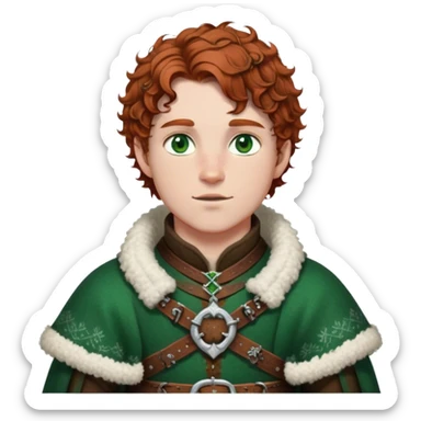 Medieval winter outfit worn by a DnD themed fantasy male character. Rich brown leather-trimmed wool tunic with sheepskin lining, featuring intricate metal buckles at the collar, paired with a heavy braided belt. Clothes only above the waist, full waist coverage. The character has no arms. Character is white-skinned with auburn hair, emerald green eyes, and short curly hair beneath a light dusting of snow. sticker