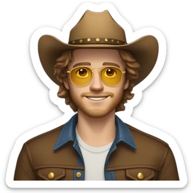 Realistic white man with golden glasses, blue eyes, and brown hair,20 years old, no bear, with a cowboy hat sticker