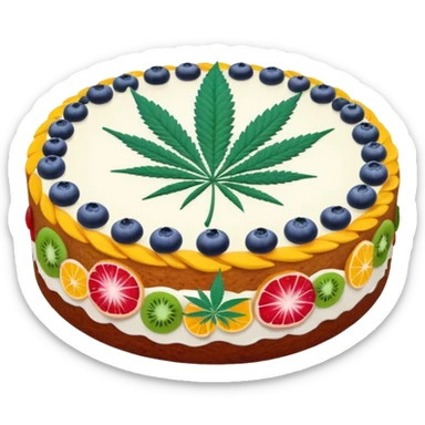 colorful frosted fruit cake with cannabis leaf sticker