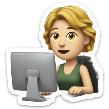 White woman sitting at desk, working at computer sticker