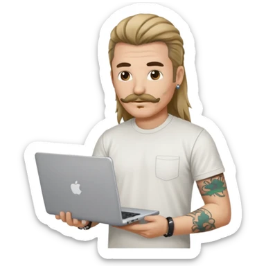 A DEVELOPER WITH A laptop, USING t-shirt, long hair,mullets style, mustache, tattoo, piercing sticker