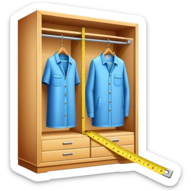 Icon for Furniture Design: a close-up of a 3D wardrobe on a blueprint, with a measuring tape next to it. The icon should represent the precision and design process of creating furniture. Transparent background. sticker