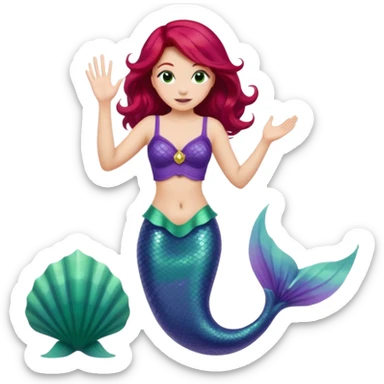 Ariel from Disney's The Little Mermaid, waving, with red hair, purple seashell top, and green mermaid tail, apple-style emoji art sticker