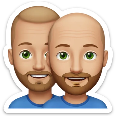 Shaved head man with dark blonde beard and blue eyes with mouth closed smile with brown haired woman with green eyes sticker