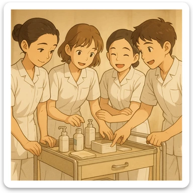 Four nursing students in Ghibli style, interacting around a care cart, wearing white short-sleeve uniforms with V-neck medical tunics, left chest pocket, no collar stand, no stethoscopes, nothing protruding from sleeves, atmosphere of mutual aid and teamwork sticker