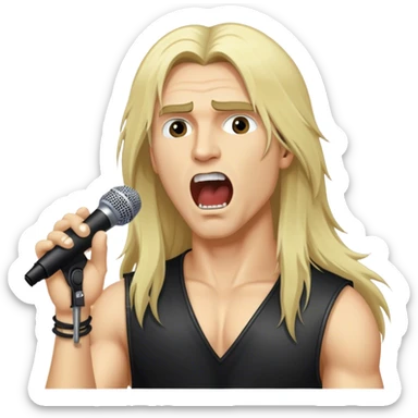 close up side view head of a male blond heavy metal rock singer with long hair singing into microphone sticker