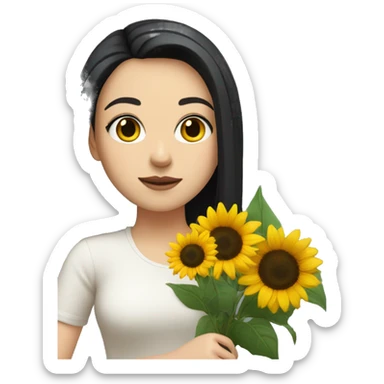 a white girl with shoulder length black hair, small rosy lips holding a bouquet of sunflower sticker