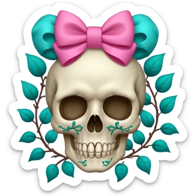 Skull with Pink bow with vines and teal roses sticker