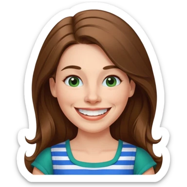 40 yr Caucasian woman, long brown hair parted on side, white stripe in hair, blue green dress ,big smile, white teeth, dimples sticker