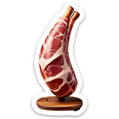 ​Cinematic Realistic Spanish Jamón Leg, depicted as a massive, cured leg of Jamón serrano (ham) with a deep reddish-brown hue, intricately marbled and slightly glossy with age, elegantly displayed on a rustic wooden stand and bathed in warm, soft lighting that accentuates its artisanal heritage, sticker