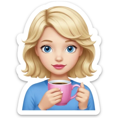 Girl Blonde short wavy hair,  blue eyes, cute blue top, long lashes, pink lips, holding white hot coffee mug sticker