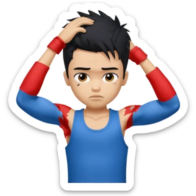 a PRETTY BRATZ boy with black messy hair, one hand on head. looking sad. lean biceps sticker