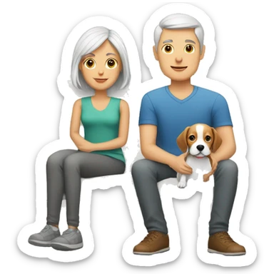 Grey hair White boy and girl with beagle Sit on couch sticker