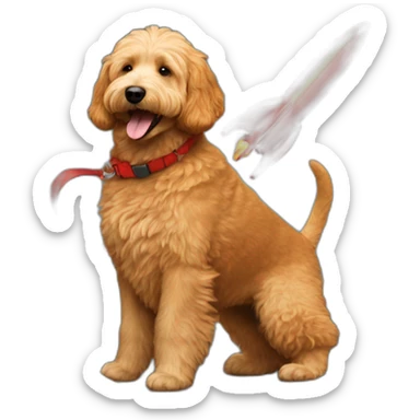 Man playing red rocket with golden Labradoodle sticker