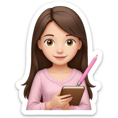 pretty smiling long brunette hair girl with hazel eyes wearing light pink dress writing sticker