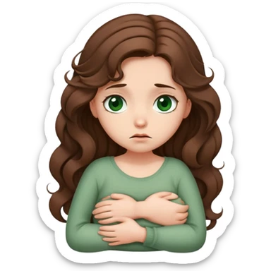 Sad Girl with curled brown long length hair and dark green eyes with belly ache sticker