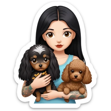 girl with long black  straight hair and tattoos and white Yorkshire and brown poodle sticker