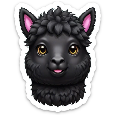 Cinematic Cute Black Alpaca Portrait Emoji, Head tilted playfully and inquisitively, featuring a plush, shiny jet-black fleece with a lustrous sheen, round, sparkling dark eyes filled with curiosity, Simplified yet irresistibly adorable features, highly detailed, glowing with a warm, friendly glow, high shine, affectionate and gentle, stylized with a touch of whimsy, bright and endearing, soft glowing outline, capturing the essence of a mischievous yet loving alpaca, so playful it feels like it could prance out of the screen and into your arms! sticker