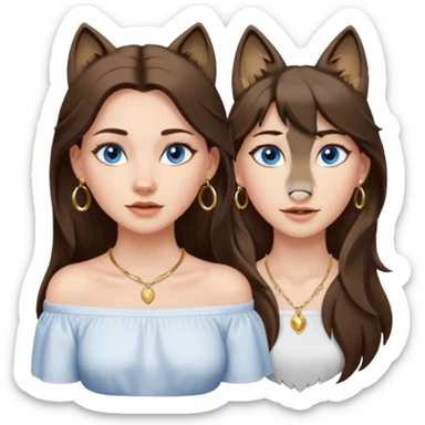 A pretty white girl with brunette hair blue eyes  thin gold hoop earrings and a matching gold necklace in a white shirt that cuts off the shoulders her hair is long and she has a wolf cut sticker