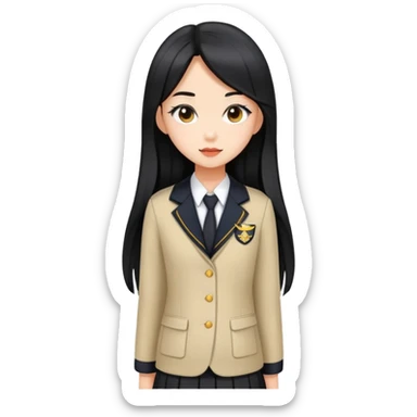 trendy schoolgirl with Asian skin, straight black long hair, chic uniform sticker