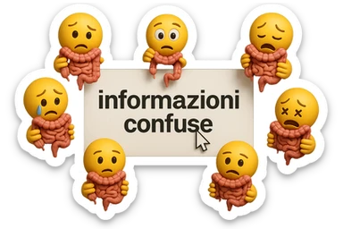 SCHERMO DI PC CON LA SCRITTA "informazioni confuse" SULLO SCHERMO E IL CLICK DEL MOUSE SULLA SCRITTA, stile emoji iphone fluttuano in aria stringendo in mano un pezzo di colon intestinale, iperrealistico 4k sticker