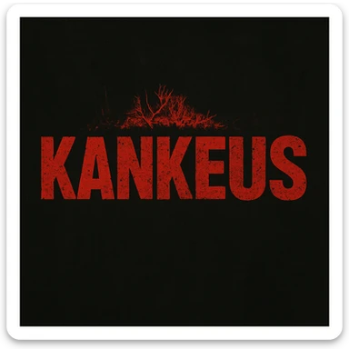 Change the KankeuS logo text color to red instead of white, keeping the DayZ-like font, rough, grunge, apocalyptic look, on dark background. Maintain the rough, grunge, apocalyptic style with red text on dark background. sticker