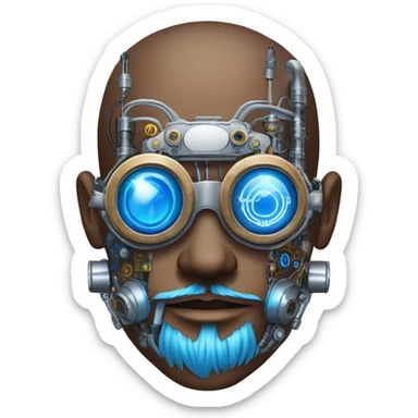Brown shaved male cyborg head with blue beard, silver steampunk monocle goggles and circuits sticker