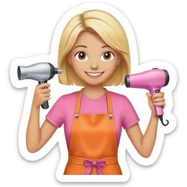 blonde female hairstylist smiling, pink t-shirt, orange apron, holding scissors and hairdryer with hands raised sticker