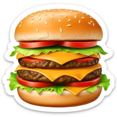 Cinematic juicy cheeseburger, perfectly grilled patty, melted cheese, crisp lettuce, tomatoes, and pickles, soft sesame seed bun, glossy and rich, warm glowing background, ultra-detailed and appetizing. sticker
