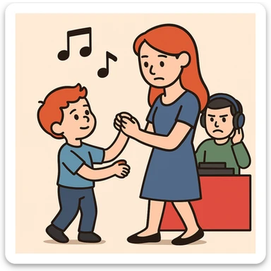 girl higher than the boy, boy should be small and with red hair, they dance slow dance and DJ is angry that he is alone sticker