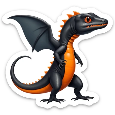 A black Salandit-newt-hybrid-Fakémon-creature with orange belly sticker