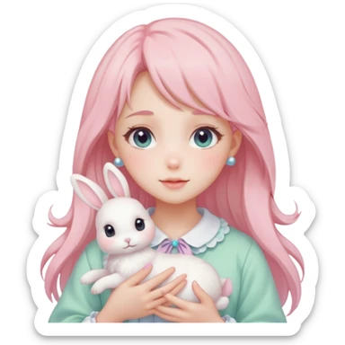 Gorgeous pastel anime style lady with blushing face and holding a bunny cottagecore fairycore pastelcore colorful pearly romantic simplistic aesthetic trending style sticker