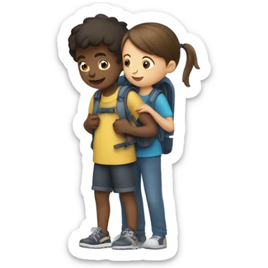 a girl taking off a tired boys backpack sticker