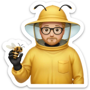 full body medium plus size male bee keeper in yellow and black with short light strawberry blonde hair and goatee wearing glasses with bee keeper hat sticker