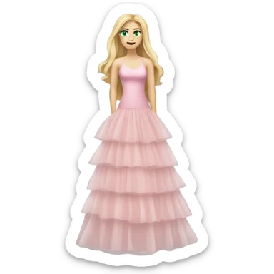 Realistic White woman with Long blonde straight hair and green eyes, full body wearing Long soft pink tiered tulle dress, isolated sticker