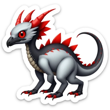 a white exotic edgy vernid-fionbr-Fakémon-creature, with black belly and red eyes, full body sticker