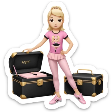 Hiphop dancer, with cute big pants, sneakers, and t-shirt. White girl blond. Coloufull shirt. No pocket pants. Dancing. Pink and black plain outfit. No sweatbands on the wrist, black music box behind her. Ballerina pose. The third on is amazing. With nothing on the shirt sticker