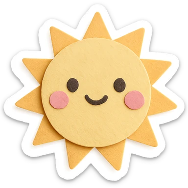 cute bright sun, smiling kawaii face, pink cheeks, soft pastel colors, no limbs, full body, paper craft style sticker