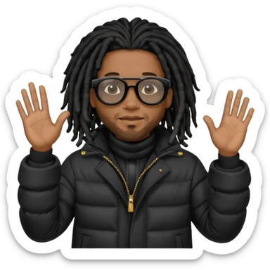 African American man brown skin complexion with black dreadlocks shoulder length wearing black bubble winter coat wearing black sunglasses with hand raised sticker