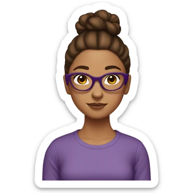 girl with tortise shell square glasses, brown hair in a bun, and eight and purple swaetshirt sticker