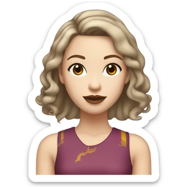 really pale lighskin mixed girl looks white look light beige with dark amber colored eyes dark auburn medium cut wavy straight hair asian inspired chinese makeup,e cultural y2k type outfit that is colorful bright  sticker